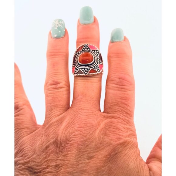 Vintage Moroccan 925 Silver Carnelian Statement Ring Size 9.5 Boho Artisan - Picture 5 of 11